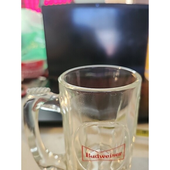 Vintage Budweiser Beer Mug Heavy Glass Stein Red Logo Barware Collectible - Picture 4 of 11